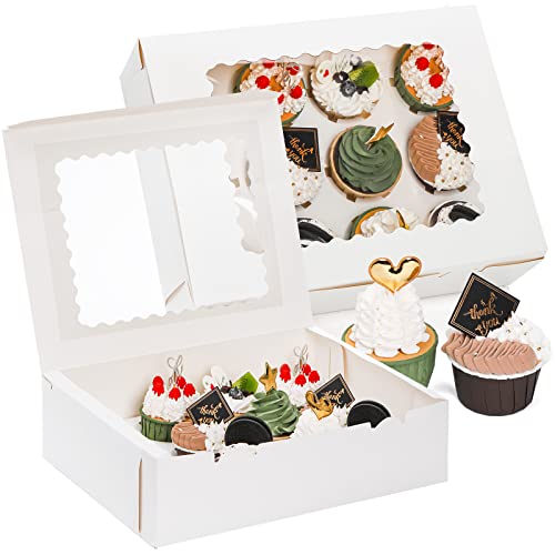 Jucoan 20 Pack Cupcake Boxes 12 Counts White Paper Cupcake Container with Inserts and Window, Bakery Container Dozen Cupcake Carrier Boxes for Muffins, Cookies, Pastry