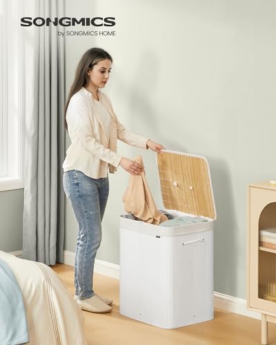 Cesta Portabiancheria con Coperchio, 2 Scomparti, 120 L, Cesto Porta Biancheria in Bambù Pieghevole, Sacco Rimovibile e Lavabile in Lavatrice, Maniglie, Lavanderia Camera, Bianco LCB014W01