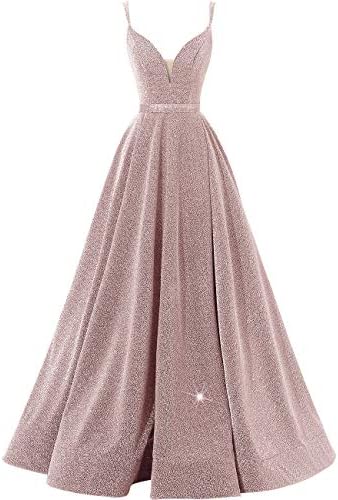 VKBRIDALGlitter Long Prom Dresses 2025 Sparkly Evening Gown with Slit Spaghetti Strap V Neck Formal Prom Gowns with Pocket