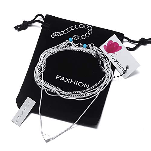 image for FAXHION Love Heart Layered Cute Anklets - Silver Anklets for Women 