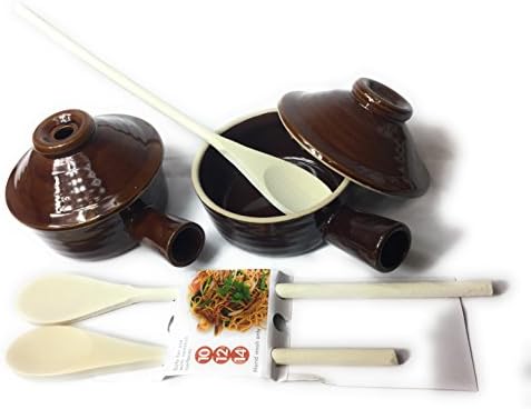 Set of 2 Stone Microwave Ceramic Stoneware Cookers and Wooden Spoon Set