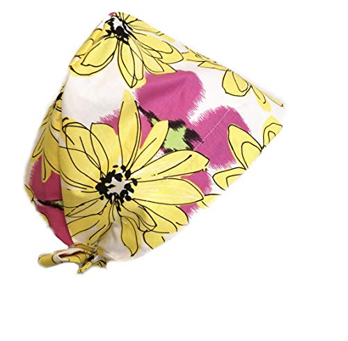 Grace N May Scrub Cap Surgical Women - Front Fold Tie Back - Big Yellow Flowers