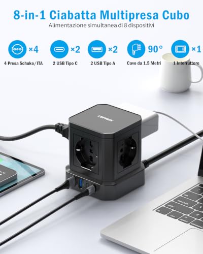TOPREK Power Strip Cube with 4 Universal Sockets ITA 10/16A and Schuko and 2 USB C (20W PD3.0 Quick Charge) and 2 USB A, Multiple Socket with Switch, 1.5 Metres 90° Elbow Plug Cable, 3680W/16A