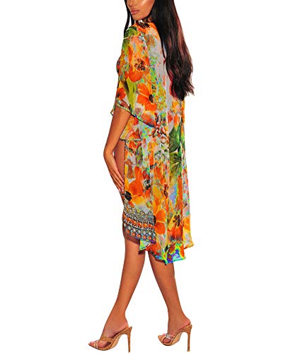 Women Sexy V Neck Boho Print Bikini Swimsuit with Long Kimono Cardigan Cover Ups