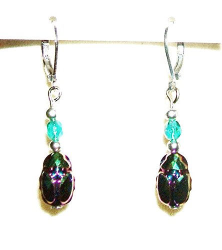 SWAROVSKI ELEMENTS SCARAB EARRINGS Egyptian Style Beetle Dangle Drops Silver Pltd Leverbacks