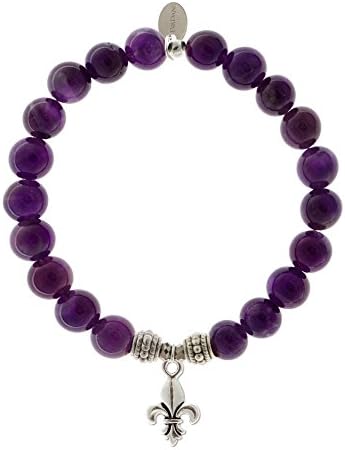 EvaDane Natural Amethyst Gemstone Rope Bead Fleur de Lis Charm Stretch Bracelet - Size 7 Inch ( 1_AME_S_R_FLE_7)