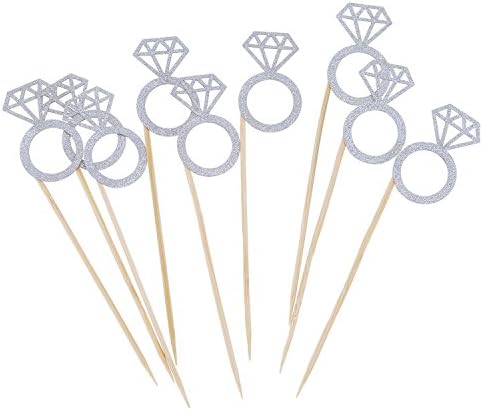 Kakasogo 10 Pcs Newest Wedding Bridal Shower Silver Glitter Diamond Ring Children's Cupcake Toppers Picks for Marriage Engagement Anniversary Birthday Valentines Party Cake Decoration Set