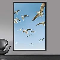 Framed Canvas Wall Art Flock of Birds Beach Birds Expressive Group Living Room Multicolor Photography - 16x24 inches