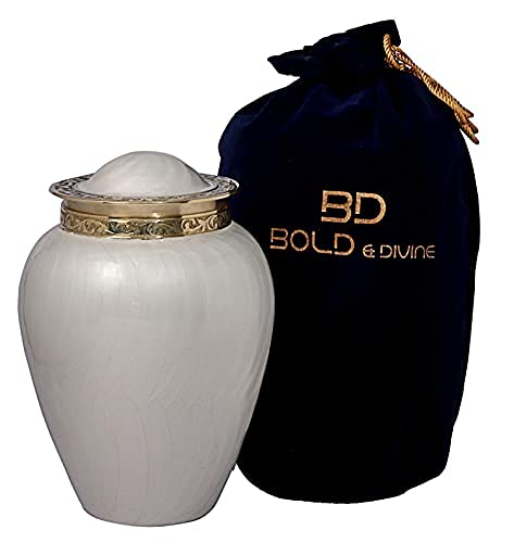 BOLD & DIVINE Pearl White Cremation Urn | Large | 200 Cubic Inches | For Human Ashes Adult Memorial, Burial, Funeral Cremation Urn with Velvet Bag