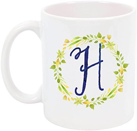 High Tide Mugs Monogram H Letter Initial Floral Design Ceramic Coffee Mug, Personalized Gift Under 20, 11 oz.