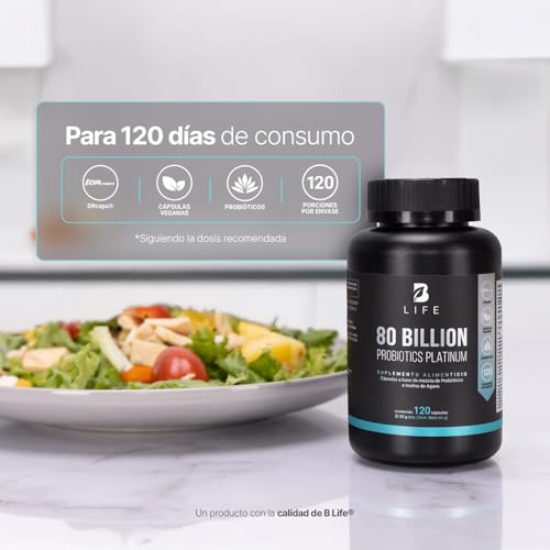 B Life Probióticos 80 Billones con 11 Cepas Potenciadas con Inulina de Agave | 140 Cápsulas Veganas de Liberación Retardada para mas de 4 Meses