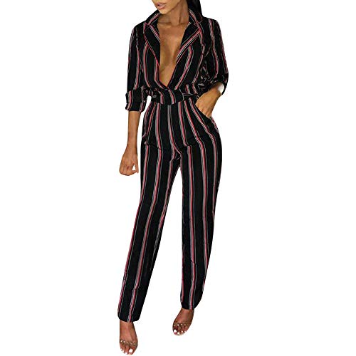 Orangeskycn Women Jumpsuits Rompers,High Waist Lapel Striped Straight Leg Pants