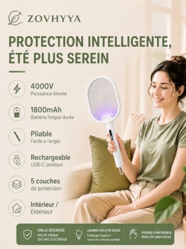 Raquette Electrique Insecte Pliable 4000V Interieur Exterieur Blanc