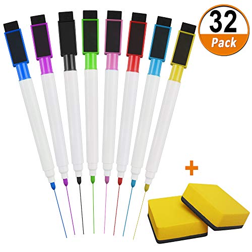 32 Pcs Magnetic Dry Erase Markers Fine Point Bulk in 8 Assorted Colors, Whiteboard Markers with Eraser Cap and 2 Pcs Dry Erasers