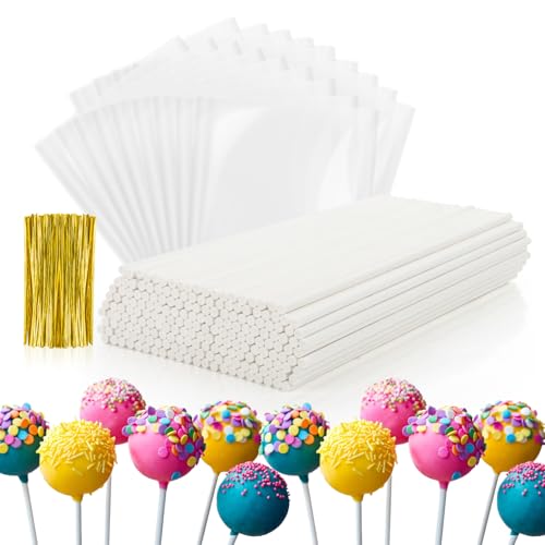 RAINFLOW 600 Pcs Cake Pop Sticks and Wrappers Kit - Lollipop Sticks and Wrappers Including 200ct Cake Pop Stick,200ct Treat Bags,200 Pcs Twist Ties for Cakepop, Lollipop, Candy, Chocolate
