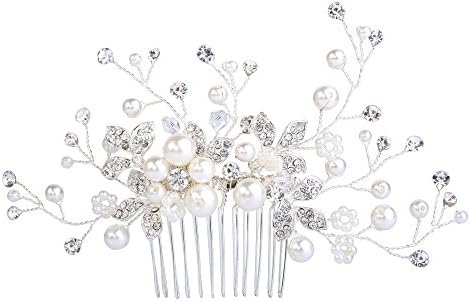 Scarlvambo Wedding Hair Comb Clip Flower Women's Austrian Crystal Simulated Pearl Silver-Tone Clear