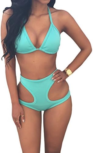 SEXYARN Women's Sexy Halter Neck Swimsuit Cut-out High Waisted Retro Bikini Set