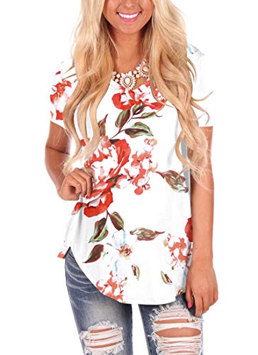 Women Casual Long Sleeve T Shirt V Neck Curved Hem Tops Floral White S
