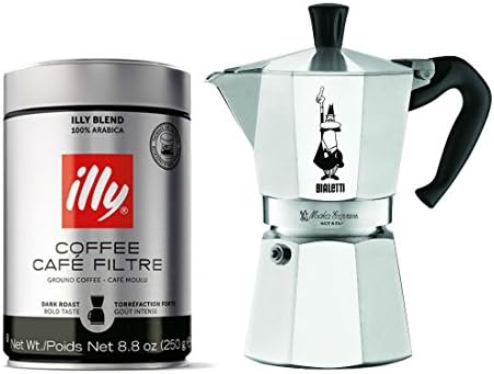 Bialetti 6 Cup Moka Express & Illy Dark Roast Espresso Ground Coffee Can 8.8 Oz
