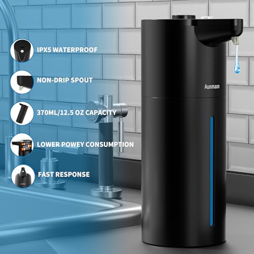 Aunmaon Automatic Soap Dispenser Touchless, Hands-Free, Multi Adjustable Volume, Long Battery Life, Compatible with Thick & Thin Dish/Hand Soap for Bathroom and Kitchen, Easy for Toddlers, Black