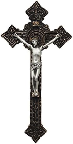 RELIGIOUS STATUE, Crucifix, Pewter Style Corpus, Bronzed Cross, 9" WALL CROSS