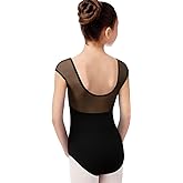 QZSH Girls Dance Ballet Leotard Mesh Cap Sleeve,Cute V-Shaped Mesh Back