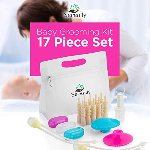 Serenily Baby Grooming Kit 17 Piece (Blue/Pink/Clear) - 100% Food Grade Silicone, FDA Approved Healthcare & Hygiene Set for Infant Newborn Toddler Child