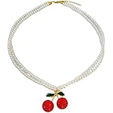 Sweet Cute Cherry Pearl Choker Necklace for Women Gold-Tone Plated Adjustable Beads Chain Exquisite CZ Fruit Pendant Layered Clavicle Necklaces Boho Handmade Charm Y2k Jewelry for Girlfriend Her