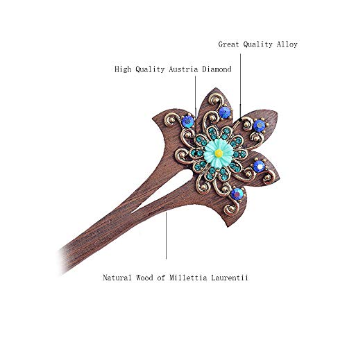 2 Pack Retro Hair Chopsticks Chinese Hair Pins Flower Decor Wooden Vintage Hair Stick (Purple) - Thumbnail 2