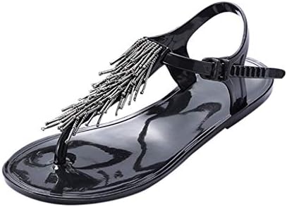 YuhooSUN Strappy String Thong Ankle Strap Summer Sandals,Modern Beaded Buckle Tassel Open Toe Pinch Flat Shoes Sliver