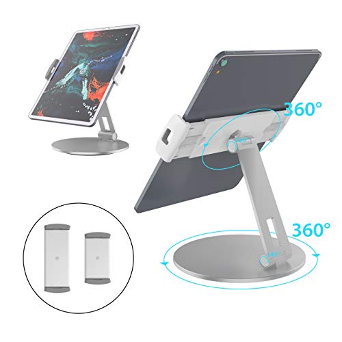 Stouchi Tablet Stand, 360°Tablet Swivel Base Holder Galaxy Tab S8, Adjustable Desk Mount for iPad Mini 2021,Galaxy S22, POS Kiosk, Surface Pro 4, iPad Pro/Air fits 4-14” Tablet & Phone Silver