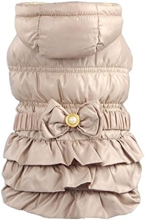Zerotone Luxury British Style Warm Hooded Coat Dress with Pearl Bow for Small Pet Dog Cat 2 Colors XS-XL (Beige, L)
