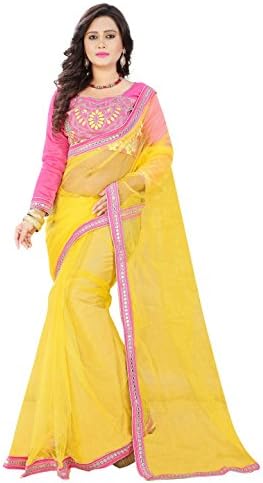 Saree For Women's Yellow Color Net Saree With Un Stitched Blouse Piece
