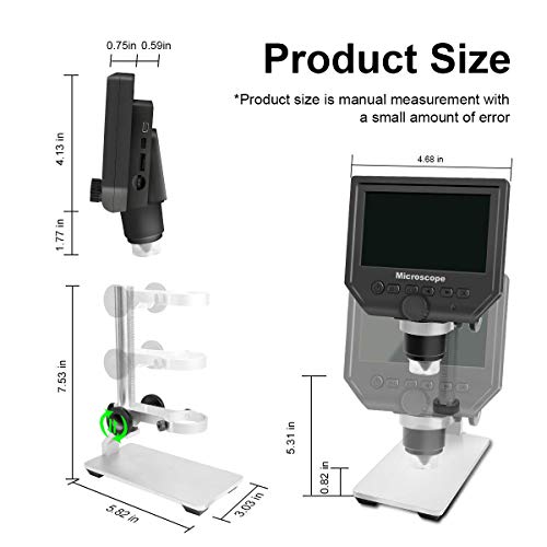 600X LCD Digital Microscope with 4.3" Screen Display and Metal Bracket, Cainda 3.6 MP HD Screen 720P Video Record Microscope Camera for Kids Boys Girls Students Adults Gift - Thumbnail 4