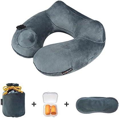 Silkclo Inflatable Travel Pillows for Airplane,Bonus Eye Mask &amp; Earplugs,Sleeping Neck Back Support Pillows for Car,Soft Velvet Compact Camping Pillows Handy Carry Pouch (Gray)