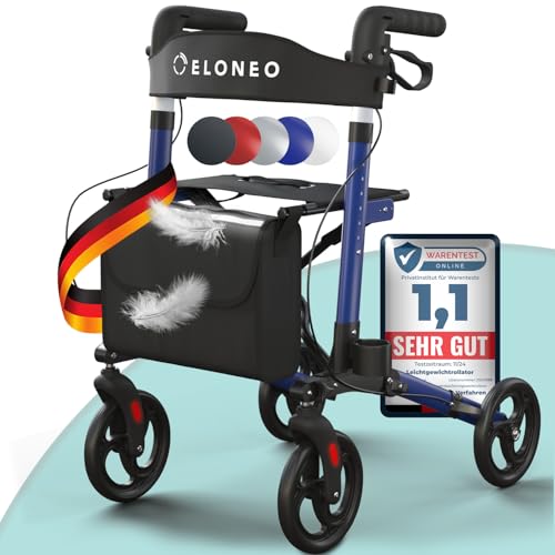 ELONEO Rollator faltbar und leicht mit Sitz, Leichtgewicht-Reiserollator aus Aluminium, Gehhilfe 8-fach höhenverstellbar, Laufhilfe 3-fach faltbar für