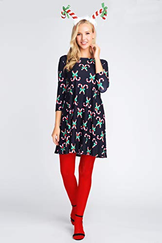 ICONOFLASH Plus Size Christmas Dresses with Pockets for Women 3/4 Sleeves Swing Holiday Party Dress Up Color Candy Cane Pattern, Size 3XLarge