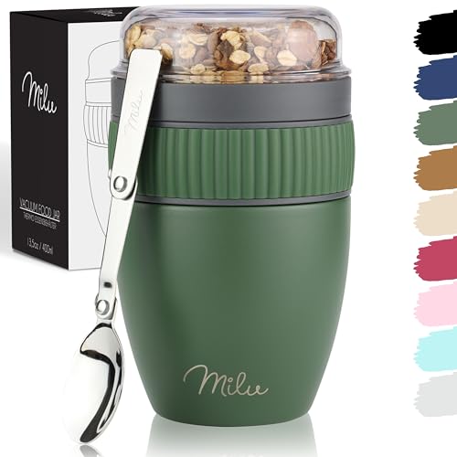 Milu Müslibecher to go 400ml MüsliMax I isolierter Edelstahl Joghurtbecher für Müsli I auslaufsicherer Becher mit Löffel für Yoghurt/Porridge (Olivegr