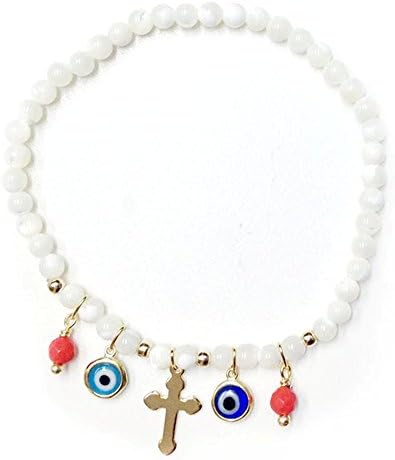 STERLING SILVER STRETCH BEADS EVIL'S EYE, CROSS CHARMS BRACELET (white)