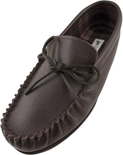 Lambland Mens Moccasin Slippers with Leather Upper and Cotton Lining in Dark Brown / Size US12