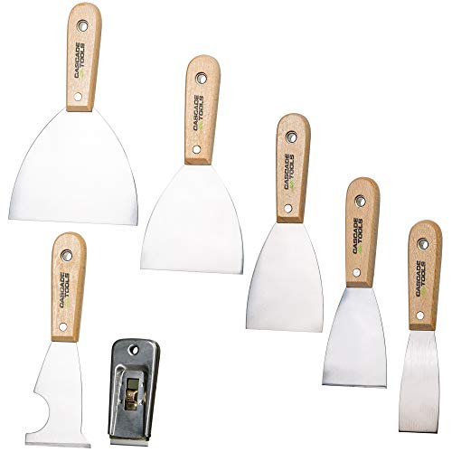 Putty Knife, Multi Tool & Scraper set (7 PIECE SET - 100% STAINLESS STEEL & WOOD HANDLE) - Wall Scraper & Drywall Knife - Perfect for Spreading Drywall Spackle & Mud, Taping, Scraping Paint, and More