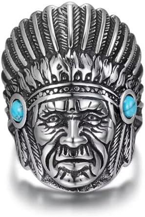 Anillo Indian Chief Hombre – Espíritu Guerrero, Plateado Vintage, Talla 17.3 A 21.4 (PikaLF)
