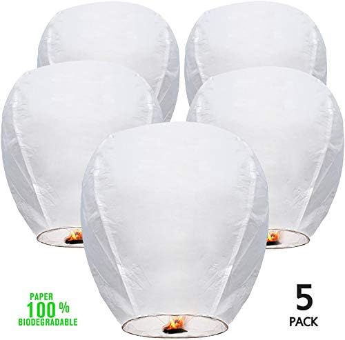 Chinese Sky Lanterns ECO Wire-Free Flying Chinese Sky Lanterns (5 Pack) - 100% Biodegradable, Environmentally Friendly Lanterns!