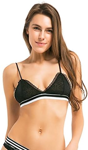 RICHKOKO Women Ultrathin Wide Deep V Neck Color Block Lace Spaghetti Strap Bra(40C,Black)