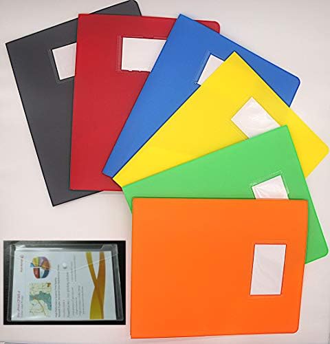 Plastic Folders with Two Pockets (Pack of 6 Heavy Duty Folders in Assorted Colors) for Letter Size Paper with Clear Front Pocket & Business Card Slot + EXTRA A4 Size Envelope Button Folder by TwOOwlly