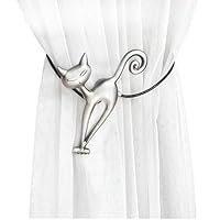 EleCharm One Pair Cat Curtain Tiebacks Magnetic Drape Holders Holdbacks Decorative Metal Clips No Drilling Home Office Decor (Silver)