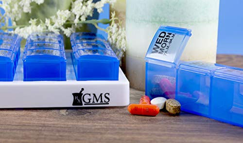 GMS 7 Day Pill Organizer Tray - Large with Removable Daily Pill Boxes with 4 Compartments Each for Storing and Organizing Medications and Pills - Blue