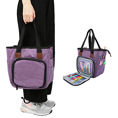 gotor Yarn Storage Tote, Knitting Tote Bag, Crochet Storage Organizer for Carrying Cotton Yarns, Knitting Needles, Crochet Hooks and Other Accessories, Purple