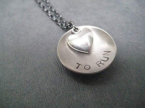 LOVE (Heart) TO RUN Running Necklace Hand Stamped Round Nickel Silver Charm with Pewter Heart on 18 inch Gunmetal Chain