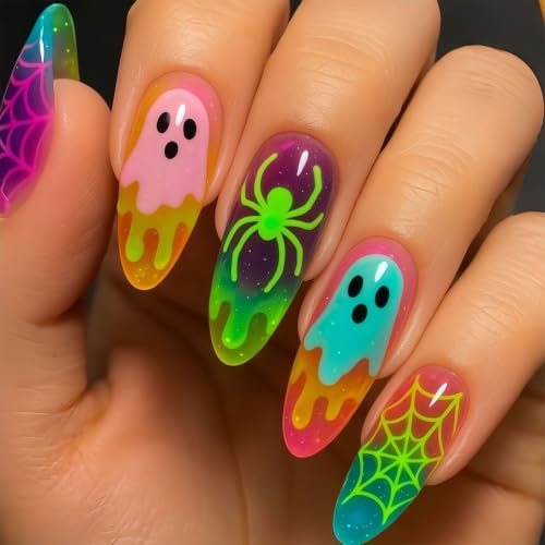 Colorful Halloween Press on Nails Long Almond Fake Nails Ghost 24 Pcs at Amazon